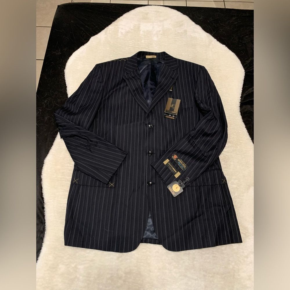Pronto Mondo Italia Mens Navy Blue Striped Coat‎ Blazer 46L Merino Wool NWT